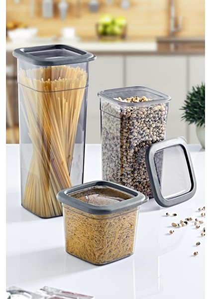 2'li Set Skali Kare Saklama Kabı Antrasit (2'şer Adet 740 Ml, 1440 Ml, 2350 Ml)