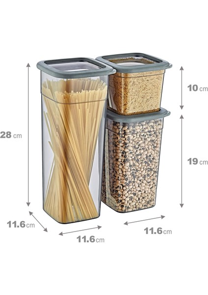 2'li Set Skali Kare Saklama Kabı Antrasit (2'şer Adet 740 Ml, 1440 Ml, 2350 Ml)