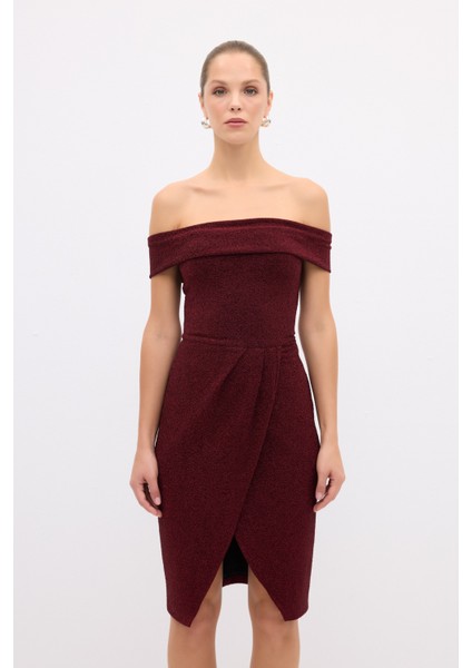 Düşük Omuz Elbise Bordo 12429816003