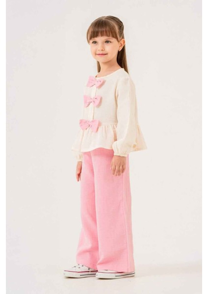 Kurdeleli Müslin Gömlekli Bol Pantolonlu Kız Çocuk şık takım - Pembe