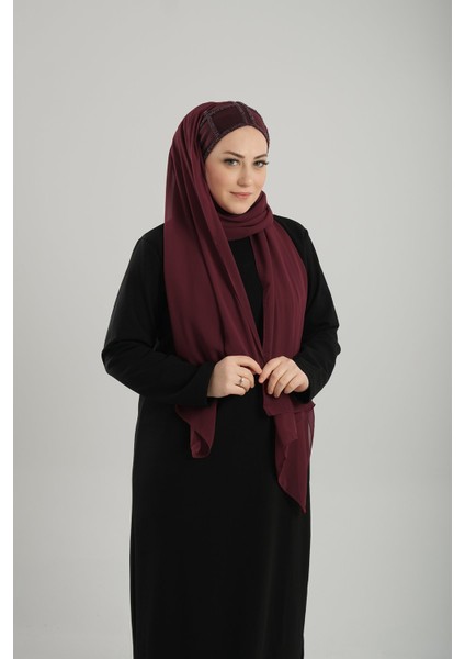 Bordo Arkadan Bağlamalı Abiye Şal Şifon Kare Desenli Taşlı 1900_16