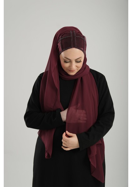 Bordo Arkadan Bağlamalı Abiye Şal Şifon Kare Desenli Taşlı 1900_16 fiyatları