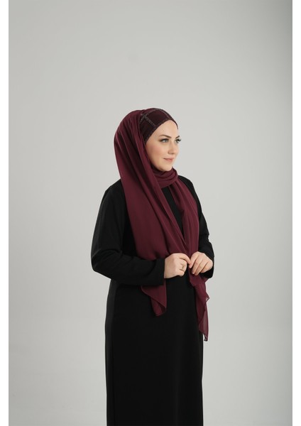 Bordo Arkadan Bağlamalı Abiye Şal Şifon Kare Desenli Taşlı 1900_16 modelleri