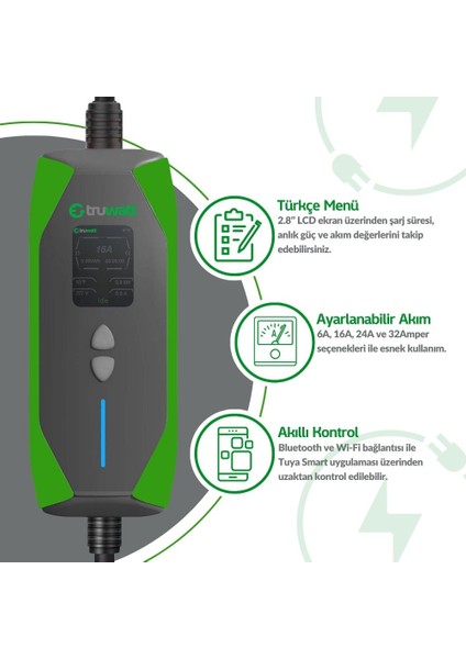 ZT303 Taşınabilir Elektrikli Araç Şarj Cihazı Türkçe Menü 32A/7KW/220V (3 Metre) fırsatları