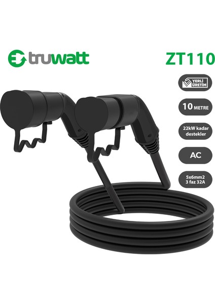 ZT110 Elektrikli Araç Şarj Kablosu Type-2 32A/22KW/380V (10 Metre)