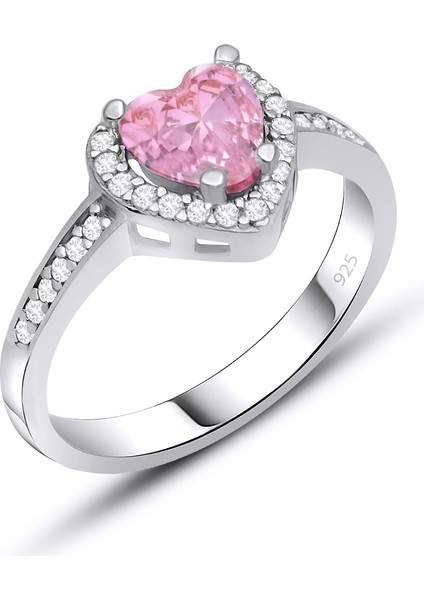 Gümüş Yüzük Pembe Zirkon Taşlı Kalp Pırlanta Modeli 925 Ayar ST070