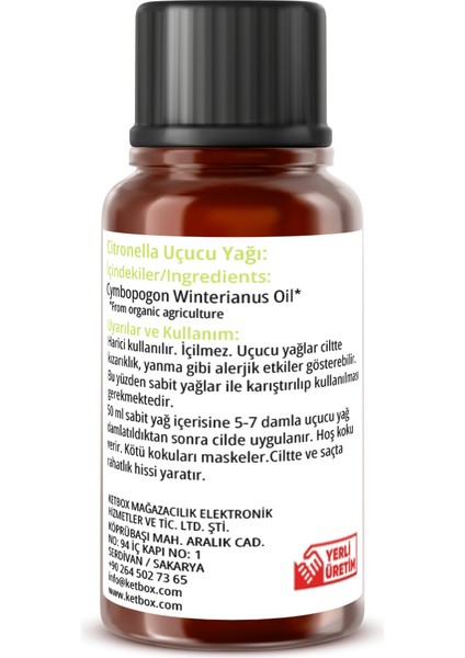 Organik Içerikli Citronella (Sitronella) Uçucu Yağı 10 ml Citronella Essential Oil