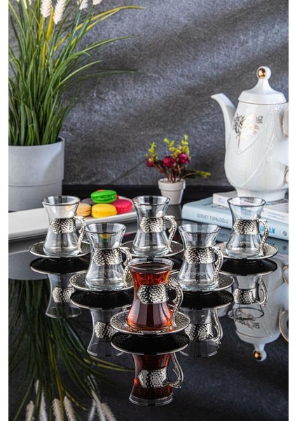 Damla 6 Kişilik 12 Parça Gümüş Renk Çay Bardağı Sunum Seti