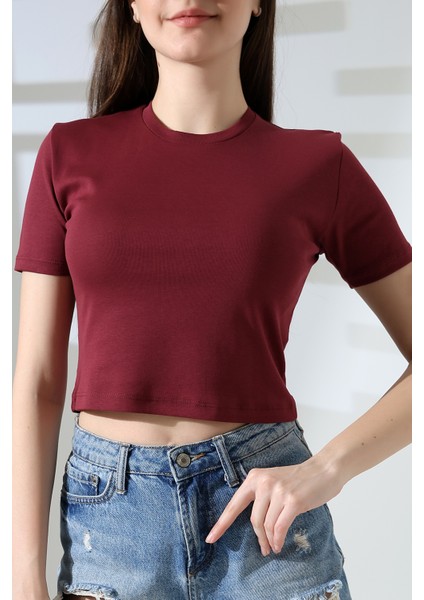 Pamuklu Kompakt Penye Ribana Bisiklet Yaka Crop T-Shirt 21560 Bordo fiyatları