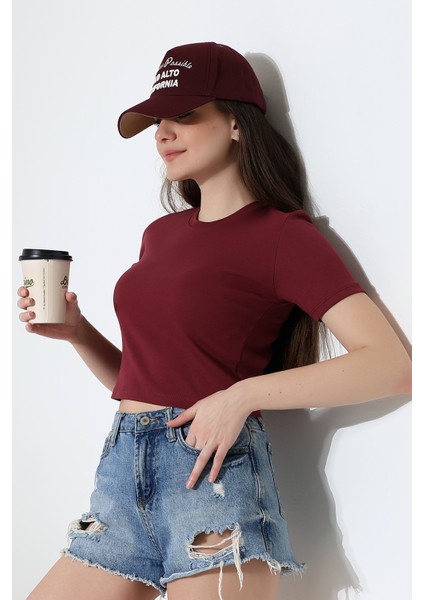 Pamuklu Kompakt Penye Ribana Bisiklet Yaka Crop T-Shirt 21560 Bordo modelleri