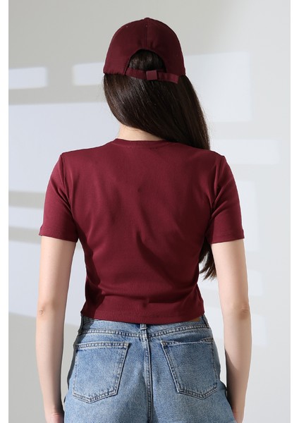 Pamuklu Kompakt Penye Ribana Bisiklet Yaka Crop T-Shirt 21560 Bordo fırsatları