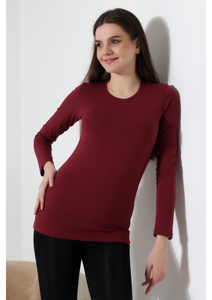 Uzun Kol Bisiklet Yaka Penye Kompakt Body 19646 Bordo