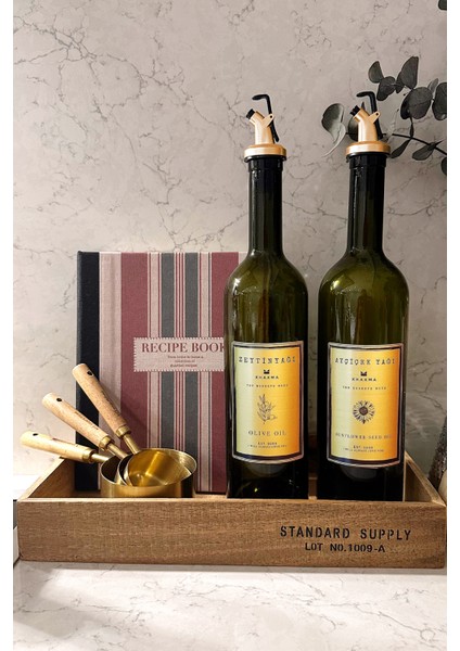 Ahşap Stantlı Amber Gold 2'li 750 ml Zeytinyağı Sıvıyağ Şişesi