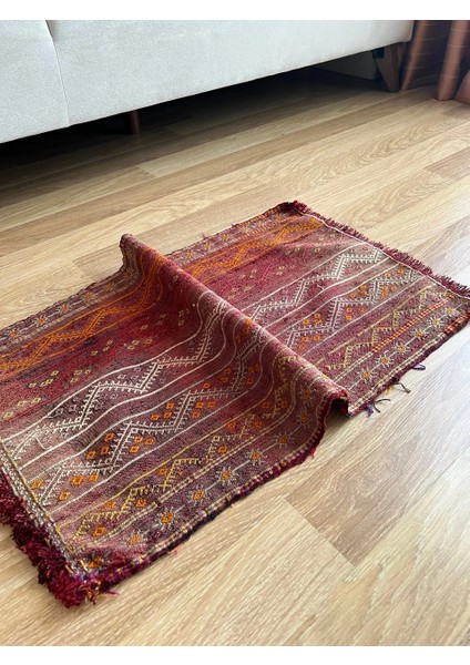 46 x 80 cm Küçük Geometrik Desenli Kırmızı Turuncu Vintage Kilim, El Yapımı Anadolu Yün Halısı, Ev si indirimleri