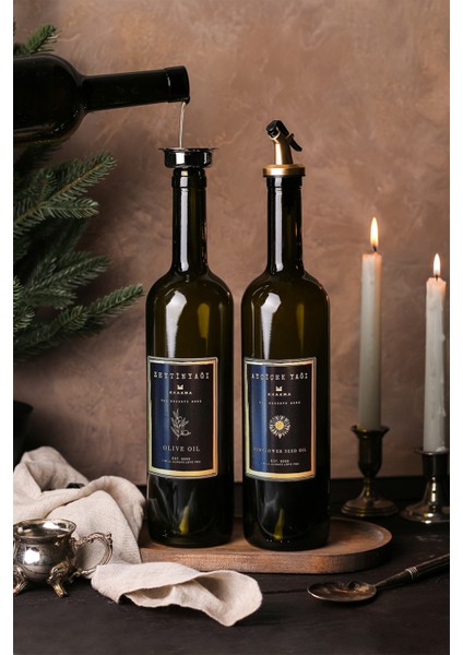 Ahşap Stantlı Amber Siyah Gold 2'li 750 ml Zeytinyağı Sıvıyağ Şişesi modelleri