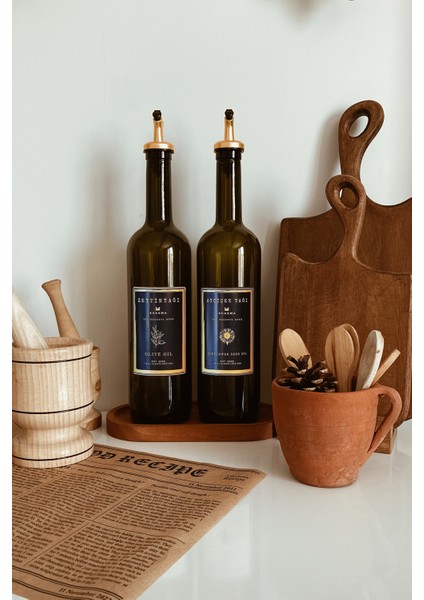 Ahşap Stantlı Amber Siyah Gold 2'li 750 ml Zeytinyağı Sıvıyağ Şişesi