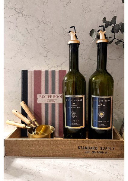 Ahşap Stantlı Amber Siyah Gold 2'li 750 ml Zeytinyağı Sıvıyağ Şişesi