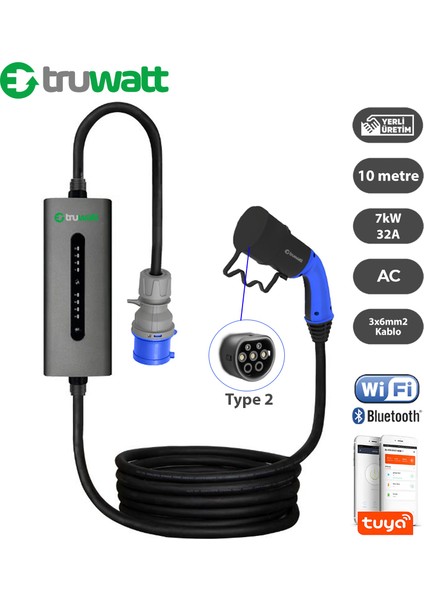 ZTA310 Taşınabilir Elektrikli Araç Şarj Cihazı Alüminyum Kasa 32A/7KW/220V (10 Metre)