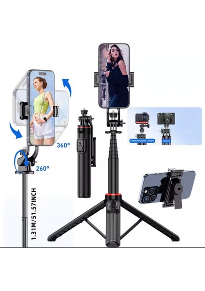 Uzaktan Kumandalı 131 cm Taşınabilir Tripod, Kamera ve Telefon Uyumlu Katlanabilir Selfie Çubuğu