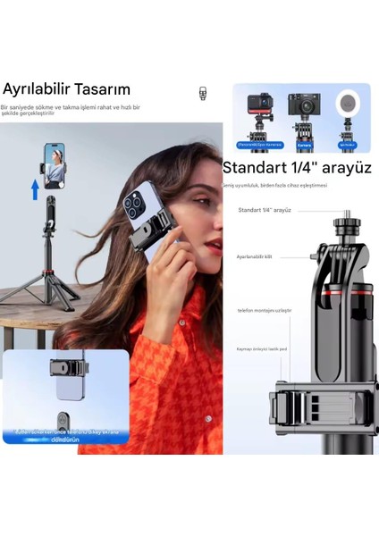 Uzaktan Kumandalı 131 cm Taşınabilir Tripod, Kamera ve Telefon Uyumlu Katlanabilir Selfie Çubuğu