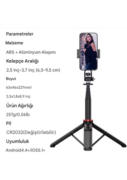 Uzaktan Kumandalı 131 cm Taşınabilir Tripod, Kamera ve Telefon Uyumlu Katlanabilir Selfie Çubuğu