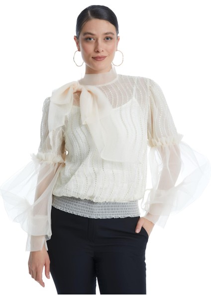 Desenli Transparan Kadın Bluz - Fiyonk Detaylı - Balon Kollu - Modern ve Şık Tasarım - Özel Gün ve Davet Için Bluz