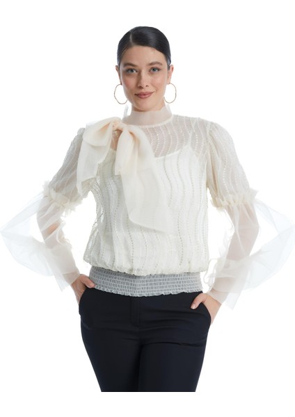 Desenli Transparan Kadın Bluz - Fiyonk Detaylı - Balon Kollu - Modern ve Şık Tasarım - Özel Gün ve Davet Için Bluz fiyatları