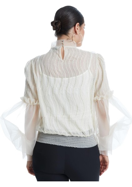 Desenli Transparan Kadın Bluz - Fiyonk Detaylı - Balon Kollu - Modern ve Şık Tasarım - Özel Gün ve Davet Için Bluz fırsatları