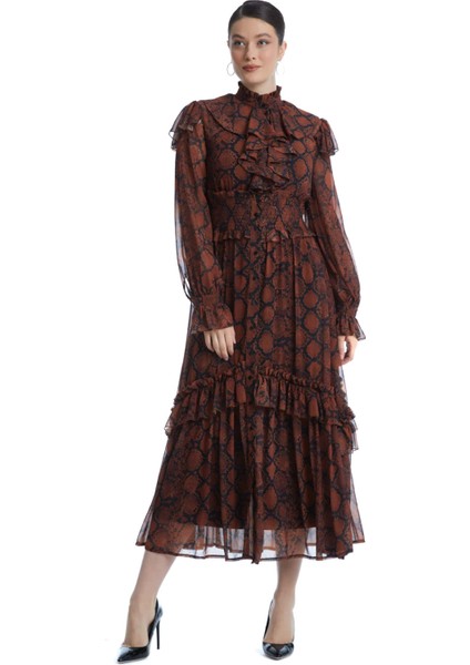 Yılan Derisi Desenli Kadın Elbise - Fırfırlı Yaka - Modern ve Şık Tasarım - Günlük ve Özel Gün Için Elbise fiyatları