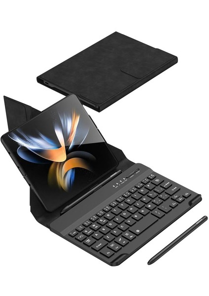 Galaxy Z Fold 3 Kılıf Standlı Klavyeli Kalem Bölmeli Kıpta Klavyeli Kılıf