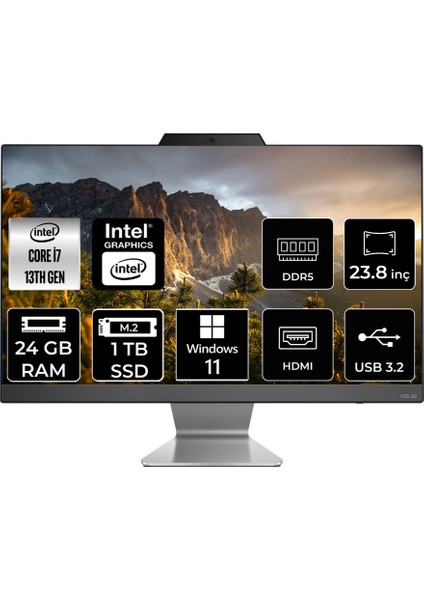 A3402 Intel Core I7 1355U 24GB 1tb SSD 23.8" Fhd Windows 11 Home All In One Bilgisayar & Per4 USB Bellek A3402I716512B0DP353
