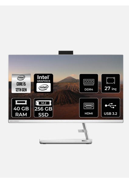 Ideacentre Aıo 3 27IAP7 Intel Core I5 12450H 40GB 256GB SSD 27" Fhd Fdos All In One Bilgisayar & Per4 USB Bellek F0GJ011WTRP336