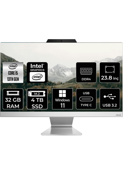 A3402 Intel Core I5 1335U 32GB 4tb SSD 23.8" Fhd Windows 11 Home All In One Bilgisayar & Per4 USB Bellek A3402WBAKP380
