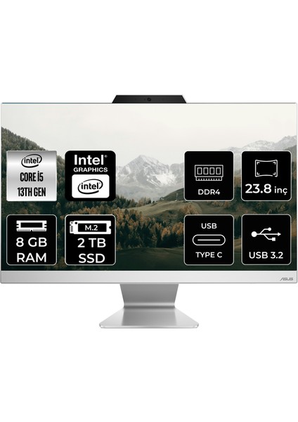 A3402 Intel Core I5 1335U 8gb 2tb SSD 23.8" Fhd Fdos All In One Bilgisayar & Per4 USB Bellek A3402WBAKP304