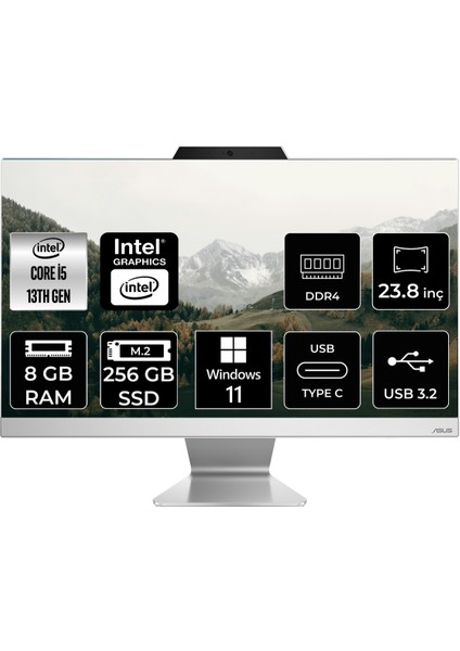 A3402 Intel Core I5 1335U 8gb 256GB SSD 23.8" Fhd Windows 11 Pro All In One Bilgisayar & Per4 USB Bellek A3402WBAKP401