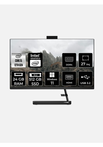 Ideacentre Aıo 3 27IAP7 Intel Core I5 12450H 24GB 512GB SSD 27" Fhd Windows 11 Home All In One Bilgisayar & Per4 USB Bellek F0GJ011VTRP372