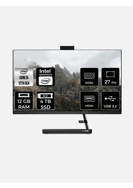 Ideacentre Aıo 3 27IAP7 Intel Core I5 12450H 12GB 4tb SSD 27" Fhd Fdos All In One Bilgisayar & Per4 USB Bellek F0GJ011VTRP310