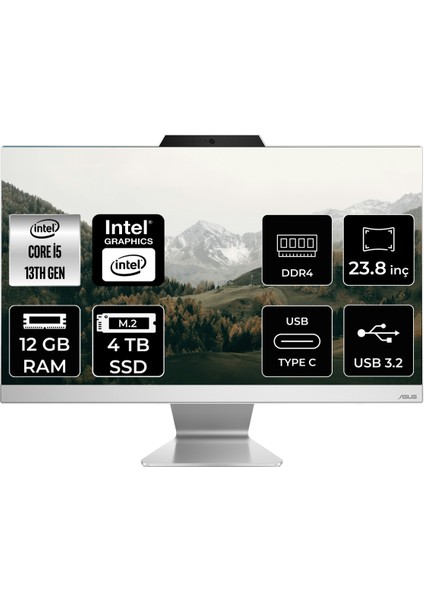 A3402 Intel Core I5 1335U 12GB 4tb SSD 23.8" Fhd Fdos All In One Bilgisayar & Per4 USB Bellek A3402WBAKP310