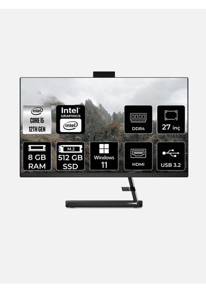 Ideacentre Aıo 3 27IAP7 Intel Core I5 12450H 8gb 512GB SSD 27" Fhd Windows 11 Pro All In One Bilgisayar & Per4 USB Bellek F0GJ011VTRP402