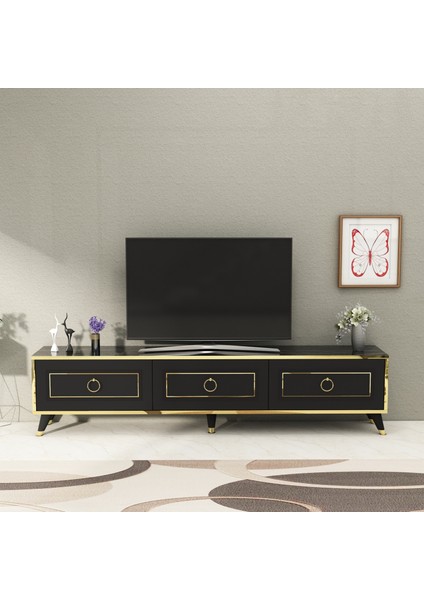 Sona 180 Dolaplı Modern Tasarım Tv Ünitesi, Siyah Mermer Desen Gold Bant - SONA180