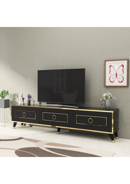 Sona 180 Dolaplı Modern Tasarım Tv Ünitesi, Siyah Mermer Desen Gold Bant - SONA180