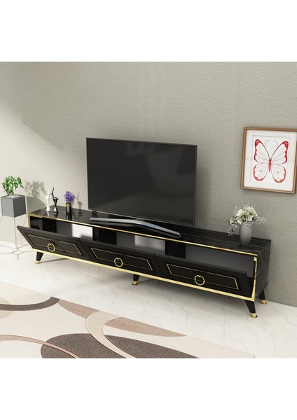 Sona 180 Dolaplı Modern Tasarım Tv Ünitesi, Siyah Mermer Desen Gold Bant - SONA180