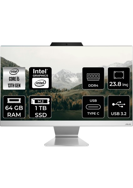 A3402 Intel Core I5 1335U 64GB 1tb SSD 23.8" Fhd Fdos All In One Bilgisayar & Per4 USB Bellek A3402WBAKP348