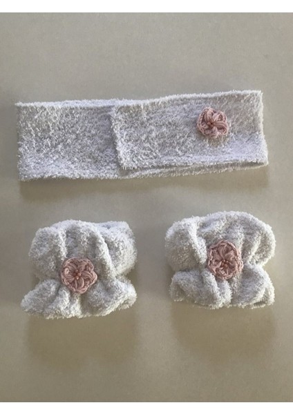 Havlu Bileklik Çift Saç Bandı Set Pembe Çiçek Yüz Yıkama Spor Spa Kol Bandı %100 Pamuk