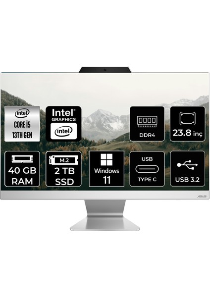 A3402 Intel Core I5 1335U 40GB 2tb SSD 23.8" Fhd Windows 11 Pro All In One Bilgisayar & Per4 USB Bellek A3402WBAKP439