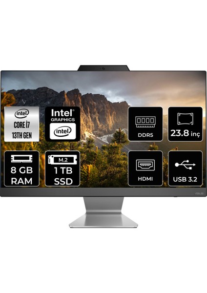 A3402 Intel Core I7 1355U 8gb 1tb SSD 23.8" Fhd Fdos All In One Bilgisayar & Per4 USB Bellek A3402I716512B0DP303
