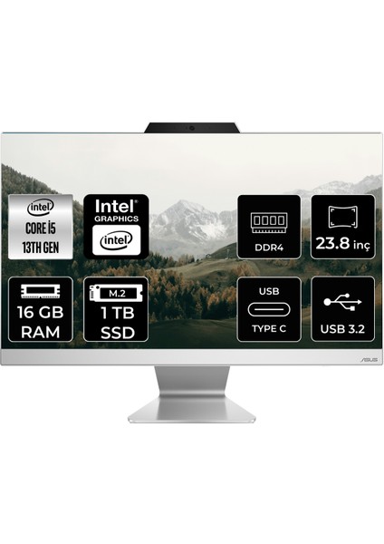 A3402 Intel Core I5 1335U 16GB 1tb SSD 23.8" Fhd Fdos All In One Bilgisayar & Per4 USB Bellek A3402WBAKP313