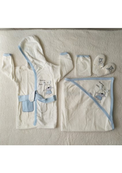 Minilkabebe Nakışlı Bebek Havlu Bornoz Seti 5 Li %100 Pamuklu mavi modelleri