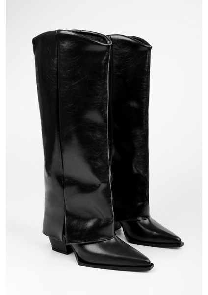 Kadın Texas Siyah Parlak Tozluk Detaylı Kovboy Çizme