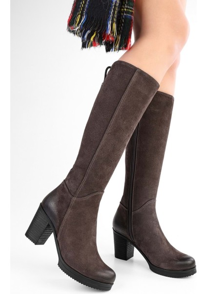 Kadın Daen Kahve Süet Deri Topuklu Çizme